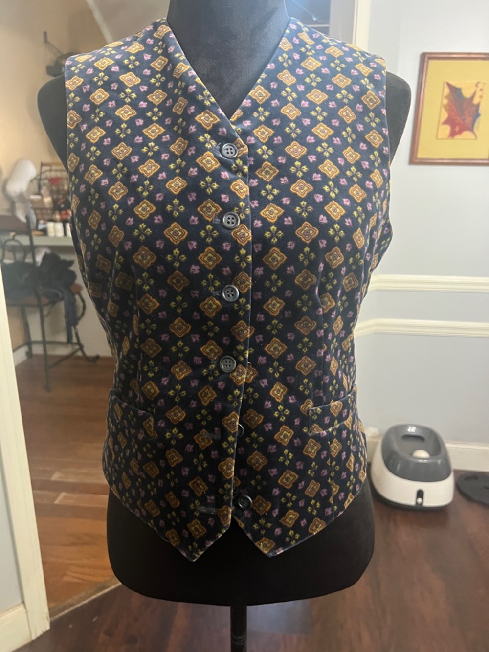 Classiques Entier Black Printed Button-Front Vest with Gold and Pink Accents